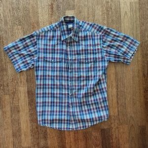 Vintage Wrangler Western Shirt Blue Pearl Snap Short Sleeve Button Up Mens Large